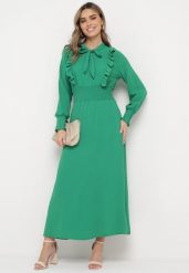Zielona Rozkloszowana Sukienka Maxi Wiązana przy Dekolcie Ozdobiona Falbankami Nuteki. Zielone sukienki damskie Born2be, na imprezę, m, bez wzorów, eleganckie, bez kołnierzyka, bez ramiączek, maxi, rozkloszowane. Za 109.99 zł.