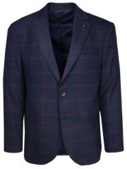 Marynarka, Granatowo-Bordowa w Kratkę, Casualowa, Taliowana, 2 Guziki, Dwa Rozcięcia, Slim -VICTORIO. Niebieskie garnitury męskie Victorio, bez wzorów, z poliesteru, eleganckie. Za 495.00 zł.