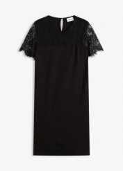 Sukienka z dżerseju z koronką. Czarne sukienki damskie bonprix, bez wzorów, z dżerseju, eleganckie, bez kołnierzyka, bez ramiączek. Za 89.99 zł.