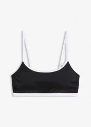 Biustonosz bikini bustier z białą kontrastującą lamówką. Czarne bikini bonprix, bez wzorów. Za 74.99 zł.