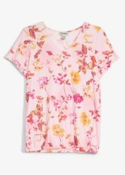Bluzka z nadrukiem w kwiaty. Czerwone bluzki damskie bonprix, bez wzorów, eleganckie, bez kołnierzyka, bez ramiączek. Za 67.99 zł.