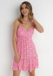 Fuksjowa Sukienka Phaedryllis. Czerwone sukienki damskie Born2be, m, bez wzorów, z wiskozy, bez kołnierzyka, bez ramiączek, mini, kopertowe. Za 74.99 zł.
