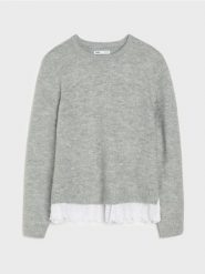 Sweter z haftowanym koszulowym dołem - szary. Szare swetry nierozpinane damskie Sinsay, l, bez wzorów, bez kołnierzyka, bez ramiączek. Za 59.99 zł.