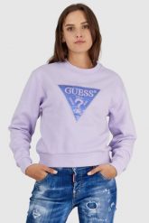 GUESS Fioletowa bluza damska z wyszywanym logo. Fioletowe bluzy damskie Guess, s, z aplikacjami, z bawełny, bez ramiączek, bez kaptura. W wyprzedaży za 179.99 zł.