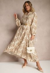 Beżowa Wiskozowa Sukienka w Ornamentalny Wzór o Rozkloszowanym Kroju Gonalia. Brązowe sukienki damskie Renee, na co dzień, l, bez wzorów, z wiskozy, eleganckie, bez kołnierzyka, bez ramiączek, maxi, oversize. Za 109.99 zł.