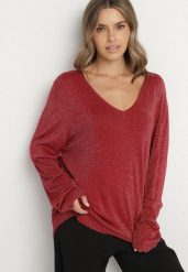 Bordowy Wiskozowy Sweter o Pudełkowym Kroju z Metaliczną Nitką Essmia. Czerwone swetry nierozpinane damskie Born2be, plus size, bez wzorów, z dzianiny, klasyczne, bez kołnierzyka, plus size, bez ramiączek. Za 79.99 zł.