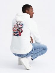 Bluza męska hoodie z nadrukiem na plecach - ecru V3 - Rozmiar: XL. Bluzy męskie Ombre Clothing, m, bez wzorów, bez ramiączek, bez kaptura. W wyprzedaży za 29.99 zł.