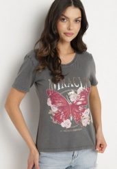 Ciemnoszary Bawełniany T-shirt z Metalicznym Napisem i Motylem Zarevalia. Szare t-shirty damskie Born2be, l, bez wzorów, z bawełny, eleganckie, bez kołnierzyka, bez ramiączek. Za 39.99 zł.