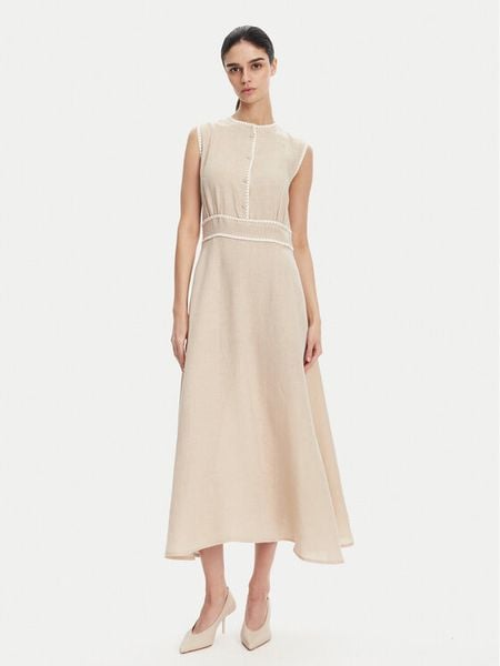 ICONA Sukienka letnia RP5LE007 Beżowy Regular Fit. Brązowe sukienki damskie ICONA, na lato, bez wzorów, ze lnu, bez kołnierzyka, bez ramiączek. Za 789.99 zł.