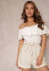Beżowe Szorty z Bawełny z Gumką w Talii i Paskami po Bokach Nellvina. Brązowe szorty damskie Renee, bez wzorów, z bawełny, eleganckie. Za 44.99 zł.