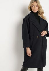 Granatowy Dwurzędowy Płaszcz z Wełną Sora. Niebieskie płaszcze damskie Born2be, bez wzorów, z wełny, bez kołnierzyka, bez kaptura. Za 299.99 zł.