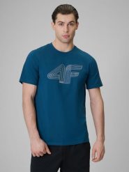 4F T-shirt regular z nadrukiem męski - turkusowy S. Niebieskie t-shirty męskie 4F, m, bez wzorów, z bawełny, bez kołnierzyka, bez ramiączek. Za 69.99 zł.