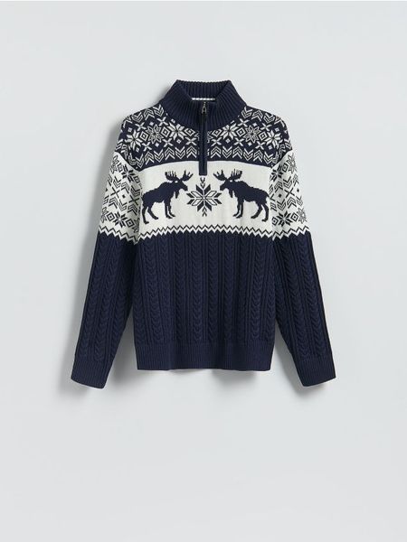 Sweter z golfem - granatowy. Niebieskie swetry męskie Reserved, l, bez wzorów, z bawełny, bez kołnierzyka, bez ramiączek. Za 149.99 zł.