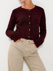 Rozpinany sweter w paski - bordowy. Czerwone kardigany damskie Sinsay, l, bez wzorów, bez kołnierzyka. Za 49.99 zł.