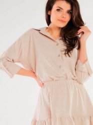 Koszula Damska Model A425 Beige - awama. Brązowe koszule damskie Awama, l, bez wzorów, z elastanu, eleganckie, bez kołnierzyka, bez ramiączek. Za 274.07 zł.