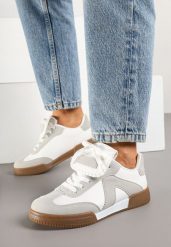 Biało-Szare Sneakersy Tenisówki z Ozdobnym Językiem Alaviela. Białe trampki i tenisówki damskie Born2be, bez wzorów, z jeansu, bez zapięcia. Za 89.99 zł.