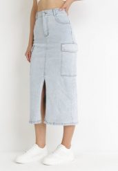Jasnoniebieska Spódnica Midi Jeansowa z Szerokimi Kieszeniami Carlana. Niebieskie spódnice damskie Born2be, na co dzień, m, bez wzorów, z jeansu, eleganckie, z podwyższonym stanem, midi. Za 139.99 zł.
