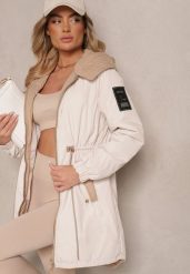 Jasnobeżowa Kurtka o Kroju Parki z Kapturem i Ściągaczem w Talii Zizana. Brązowe kurtki damskie Renee, l, w ażurowe wzory, z jeansu, z kapturem. Za 159.99 zł.