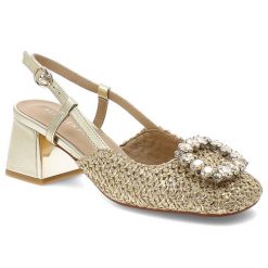 Czółenka damskie Alma En Pena, z zabudowanym przodem wykonane z plecionego materiału osadzone na stabilnym obcasie z regulowanym paskiem wokół kostki. Żółte czółenka damskie Alma En Pena, na lato, z aplikacjami, eleganckie, bez obcasa, na obcasie, bez zapięcia. Za 559.00 zł.