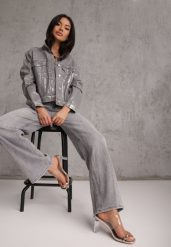 Szare Jeansy Wide Leg High Waist z Bawełną i Dodatkiem Wiskozy Rhenerila. Szare jeansy damskie Renee, bez wzorów, z bawełny, z podwyższonym stanem, długie. Za 119.99 zł.