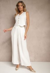 Białe Spodnie o Szerokim Kroju High Waist z Wiązaniem Fenalin. Białe spodnie materiałowe damskie Renee, bez wzorów, z jeansu, eleganckie, z podwyższonym stanem. Za 44.99 zł.