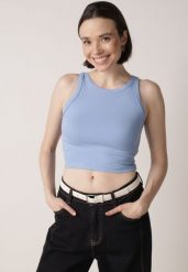 Niebieski Top z Prążkowanego Materiału Zitessa. Niebieskie topy damskie Born2be, m, bez wzorów, z jeansu, eleganckie, bez kołnierzyka, bez ramiączek. Za 29.99 zł.