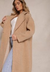 Beżowy Długi Płaszcz Jednorzędowy o Kroju Oversize Vlekoma. Brązowe płaszcze damskie Renee, bez wzorów, z poliesteru, eleganckie, bez kołnierzyka, bez kaptura. Za 219.99 zł.