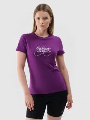 4F T-shirt slim z nadrukiem damski - fioletowy S. Fioletowe t-shirty damskie 4F, s, bez wzorów, z bawełny, klasyczne, bez kołnierzyka, bez ramiączek. Za 29.99 zł.