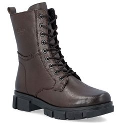 Skórzane botki damskie workery ocieplane brązowe. Brązowe botki damskie Rieker, bez wzorów, ze skóry, bez obcasa, bez zapięcia. Za 429.00 zł.