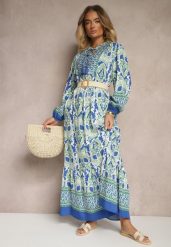 Niebiesko-Zielona Rozkloszowana Sukienka w Ornamentalny Wzór Zdobiona Wiązaniem z Frędzlami Ridira. Niebieskie sukienki damskie Renee, na co dzień, l, z aplikacjami, eleganckie, bez kołnierzyka, bez ramiączek, midi, proste. Za 129.99 zł.