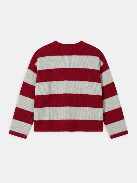 Sweter w paski - czerwony. Czerwone swetry nierozpinane damskie Sinsay, l, bez wzorów, bez kołnierzyka, bez ramiączek. Za 49.99 zł.