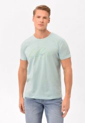 Bawełniany t-shirt z printem T-LASER. Zielone t-shirty męskie Volcano, l, bez wzorów, z bawełny, bez kołnierzyka, bez ramiączek. Za 59.99 zł.