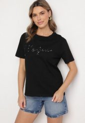 Czarny T-shirt z Bawełny o Kroju Oversize z Haftem i Cekinami Uliowena. Czarne t-shirty damskie Born2be, m, bez wzorów, z bawełny, bez kołnierzyka, bez ramiączek. Za 34.99 zł.