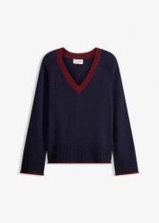 Sweter z kontrastującymi paskami. Niebieskie swetry nierozpinane damskie bonprix, bez wzorów, bez kołnierzyka, bez ramiączek. Za 102.99 zł.