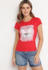 Czerwony Bawełniany T-shirt z Nadrukiem Motyla i Cyrkoniami Uliriela. Czerwone t-shirty damskie Born2be, s, bez wzorów, z bawełny, klasyczne, bez kołnierzyka, bez ramiączek. Za 34.99 zł.