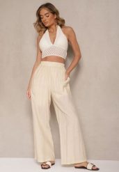 Jasnobeżowe Wiskozowe Spodnie Palazzo High Waist z Lnem Linaselia. Brązowe spodnie materiałowe damskie Renee, bez wzorów, z jeansu, eleganckie, z podwyższonym stanem. Za 99.99 zł.