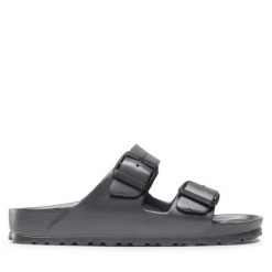 Klapki Birkenstock. Szare klapki damskie Birkenstock, bez wzorów, bez obcasa, bez zapięcia. Za 249.99 zł.