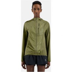 Kurtka damska ODLO Jacket ZEROWEIGHT DUAL DRY PK WATERPROOF. Czarne kurtki sportowe damskie ODLO, l, bez wzorów, z materiału, bez ramiączek, z kapturem, do biegania. Za 1,299.99 zł.