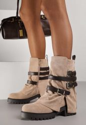 Ciemnobeżowe Botki Typu Bikery z Wywiniętą Cholewką z Klamrami Selora. Brązowe botki damskie Born2be, bez wzorów, z jeansu, biznesowe, bez obcasa, na płaskiej podeszwie, bez zapięcia. Za 169.99 zł.