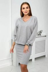 Komplet bluzka + sukienka prążkowana szary. Szare sukienki damskie KESI, na co dzień, l, bez wzorów, z bawełny, eleganckie, bez kołnierzyka, bez ramiączek. Za 292.73 zł.