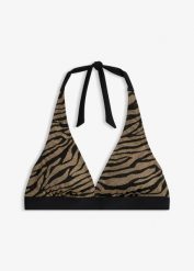 Biustonosz bikini z dekoltem typu halter, z błyszczącego materiału. Czarne bikini bonprix, bez wzorów. Za 89.99 zł.