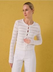 Bawełniany kardigan - kremowy. Białe kardigany damskie Sinsay, l, bez wzorów, z bawełny, bez kołnierzyka. Za 49.99 zł.