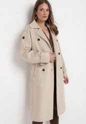 Beżowy Dwurzędowy Płaszcz z Paskiem Haleri. Brązowe płaszcze damskie Born2be, m, bez wzorów, eleganckie, bez kołnierzyka, bez kaptura. Za 269.99 zł.