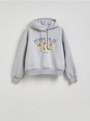 Bluza french terry z nadrukiem - jasnoszary. Szare bluzy damskie Reserved, l, bez wzorów, z dzianiny, bez ramiączek, bez kaptura. W wyprzedaży za 59.99 zł.