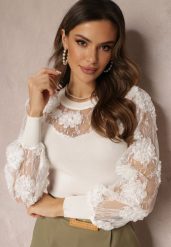 Biała Bluzka z Siateczką i Kwiatami Celeshe. Białe bluzki damskie Renee, s, bez wzorów, z wiskozy, eleganckie, bez kołnierzyka, bez ramiączek. Za 119.99 zł.