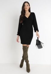 Czarna Sukienka Alcona. Czarne sukienki damskie Born2be, l, bez wzorów, z tkaniny, wizytowe, bez kołnierzyka, bez ramiączek, mini, dopasowane. Za 149.99 zł.