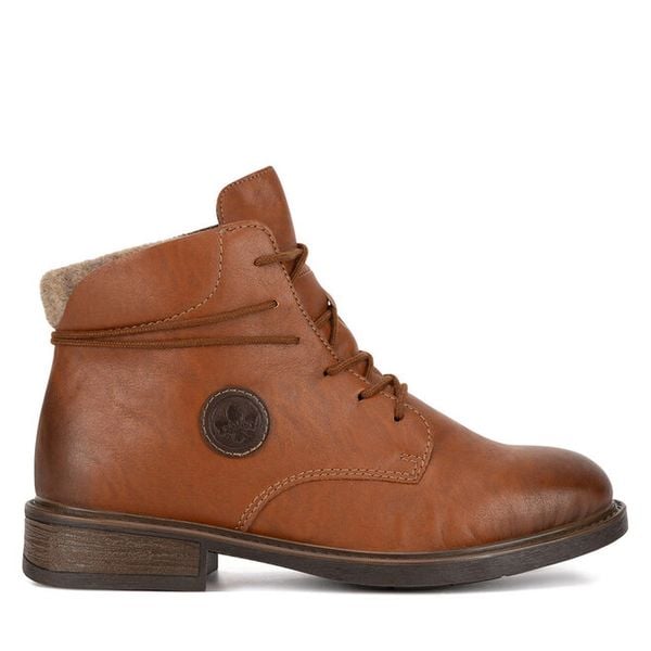 Trzewiki Rieker. Brązowe botki damskie Rieker, bez wzorów, bez obcasa, na płaskiej podeszwie, bez zapięcia. Za 265.99 zł.