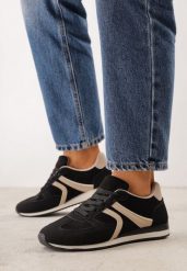 Czarne Sneakersy Sportowe z Imitacji Zamszu z Geometrycznymi Wstawkami Shanoom. Czarne obuwie sportowe damskie Born2be, bez wzorów, z dzianiny, bez zapięcia. Za 119.99 zł.