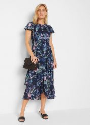 Sukienka szyfonowa z falbanami. Niebieskie sukienki damskie bonprix, na lato, bez wzorów, z szyfonu, bez kołnierzyka, bez ramiączek. Za 219.99 zł.