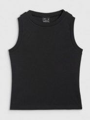 4F Top slim gładki damski - czarny M. Czarne topy damskie 4F, m, bez wzorów, z bawełny, klasyczne, bez kołnierzyka, bez ramiączek. Za 39.99 zł.